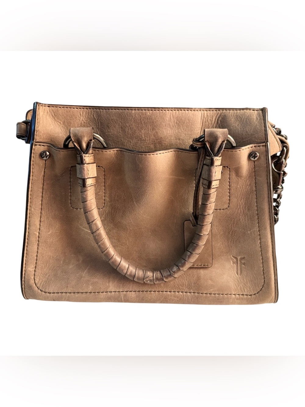 Frye Demi Leather Satchel Crossbody Bag Boho Taupe Gray Like New with Care Tags - Picture 2 of 11